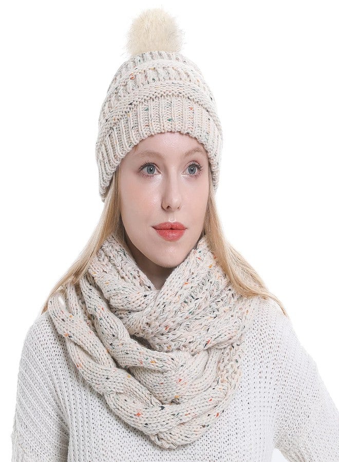 Double Couple Womens Scarf Beanie Hat with Faux Fur Ball Set Thick Winter Cable Knitted Circle Loop Infinity Scarfs for Women (Mix Beige Pom Pom Set) - Image 3